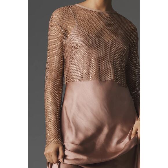 Anthropologie Metallic Mesh Sheer Cropped Long Sleeve Party Top M Layering glitz - Picture 1 of 11
